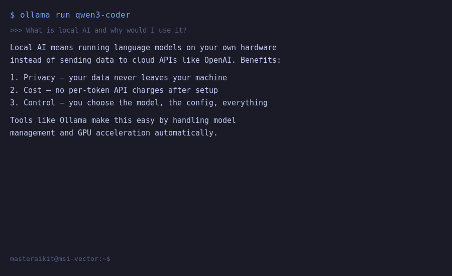 Terminal showing ollama run with first chat exchange